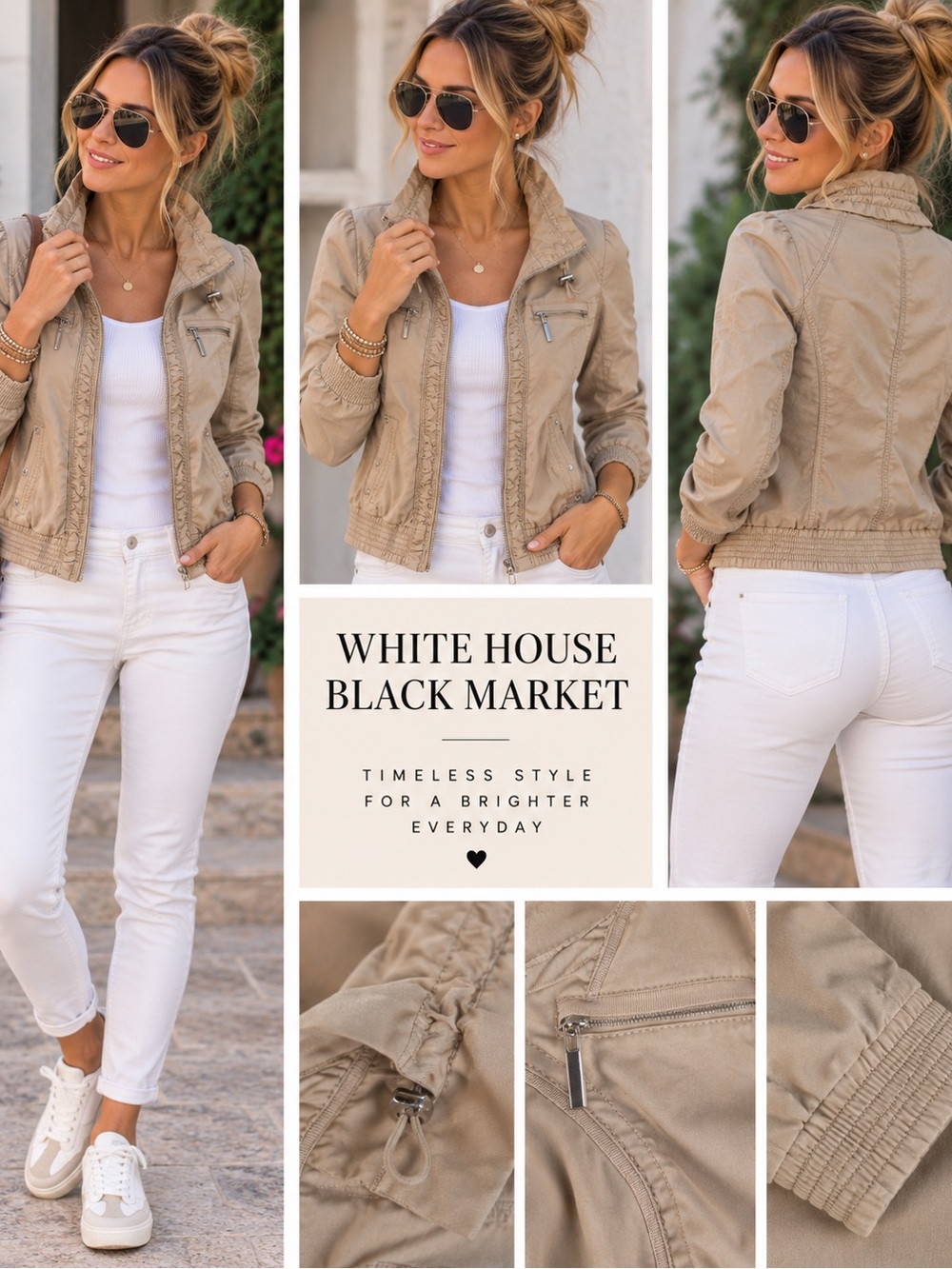 WHBM White House Black Market Ruffle Zip Jacket Beige Size 2